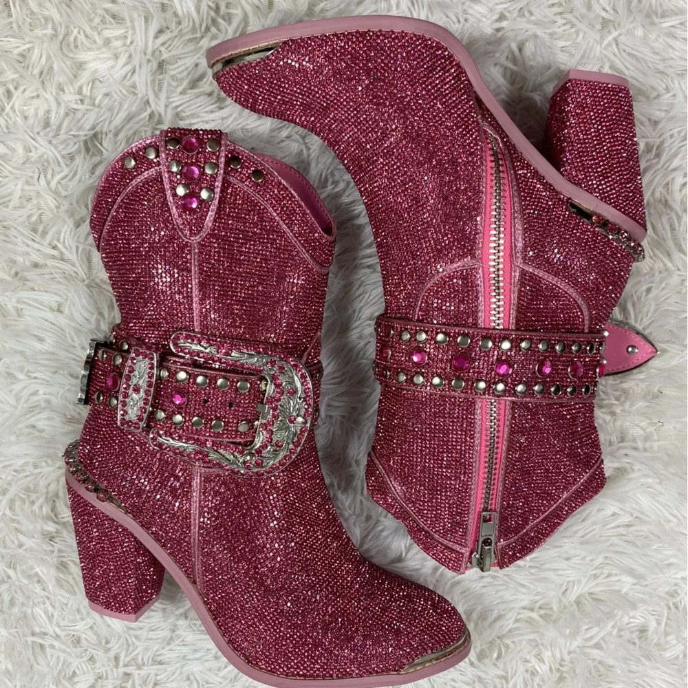 CLUB EXX Pink Sheriff Shine Rhinestone Cowboy Boots Ankle Booties Heeled Size 8 - Picture 5 of 13